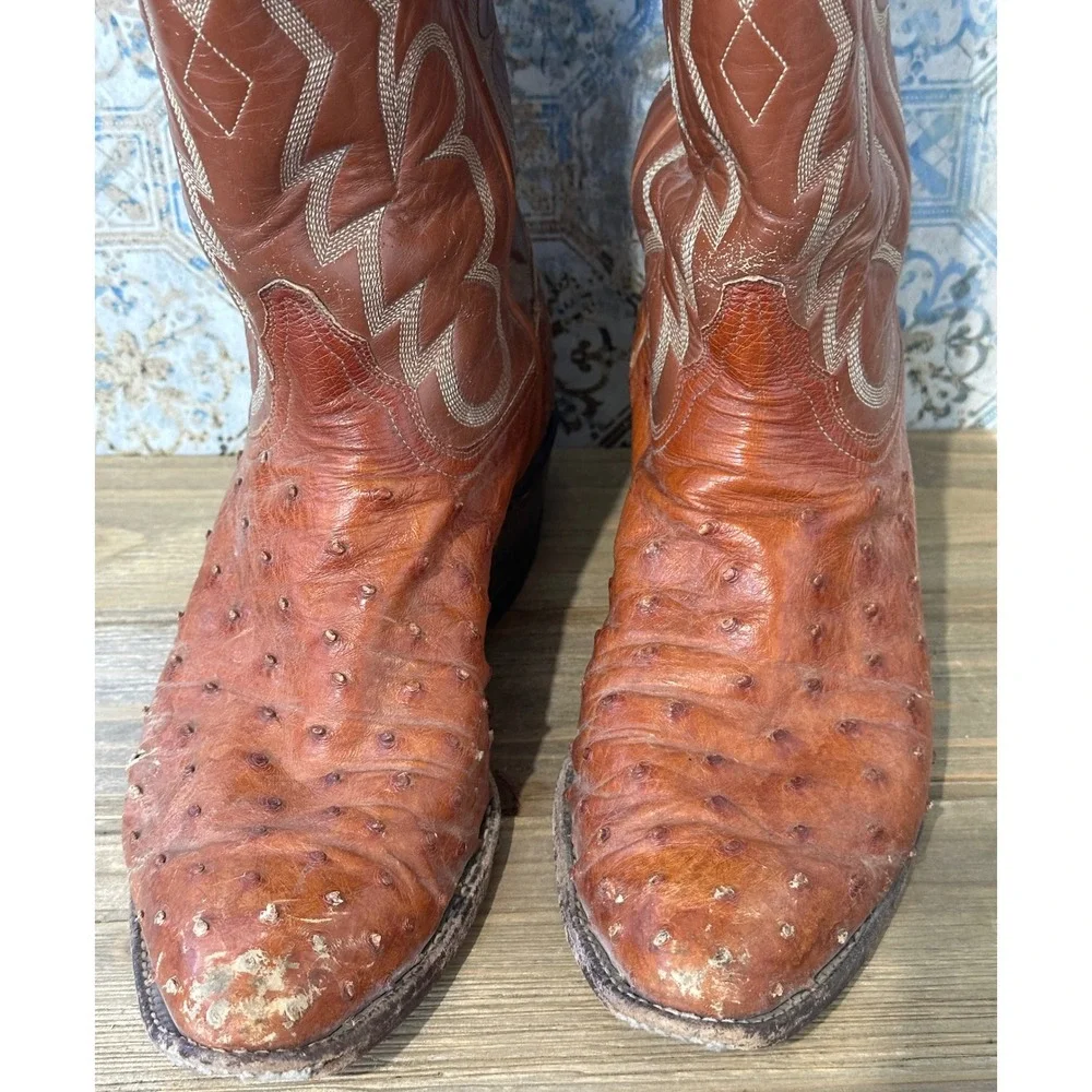 VTG El Rey Tony Lama Ostrich Full Quill Western Cowboy Boots Mens 8 Brown